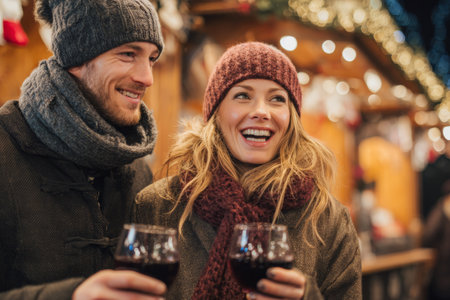 A couple smiles while holding warm drinks at a Christmas market. The scene is illuminated by lights, creating a joyful atmosphere on a chilly winter night.の素材