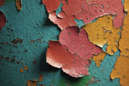 A vibrant wall shows layers of peeling paint in shades of red, orange, and blue. The texture reveals age and neglect, adding character to the environment.の素材