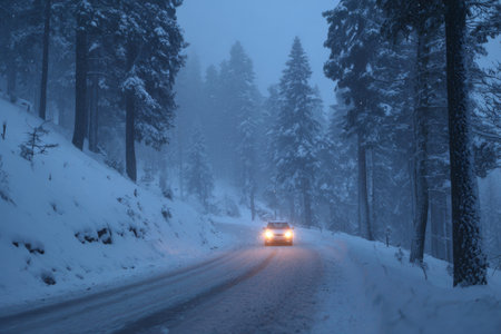 A car navigates a snowy road surrounded by tall evergreen trees during a heavy winter storm. The scene captures the cold, quiet beauty of a mountain evening.の素材