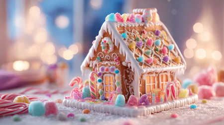 A charming gingerbread house is adorned with vibrant candy and icing, set on a decorated table. The scene captures the magic of holiday festivities and sweet treats.の素材
