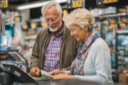 A senior couple is at the checkout of a busy market. The man looks at the woman as she counts cash to pay for their purchases. Both are smiling and enjoying the moment together.の素材