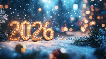 Glowing numbers show 2026 in the snow, creating a festive atmosphere. Soft snowflakes fall in the background, adding to the winter celebration mood with bright lights.の素材