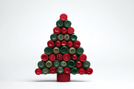 A creative Christmas tree made from red and green buttons stands on a white background, showing an artistic holiday decoration ideal for home festivities.の素材