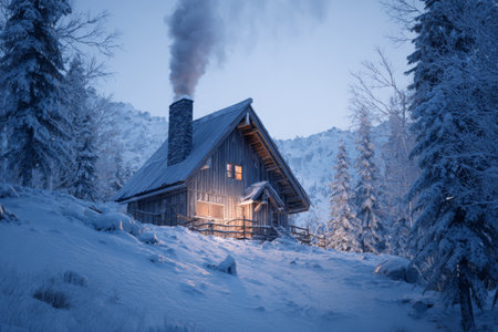 A cozy wooden cabin stands in a snowy landscape as smoke rises from its chimney. The twilight sky casts a serene glow over the scene with surrounding trees and mountains.の素材