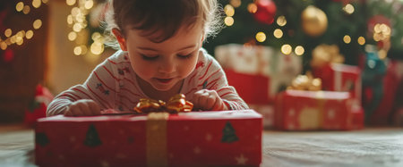 A small child leans over a brightly wrapped gift with a bow, eager to unwrap it. Surrounding them is a beautifully decorated Christmas tree and glowing lights.の素材