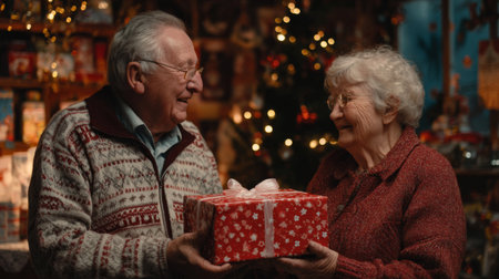 An elderly couple smiles joyfully while exchanging a wrapped gift in a warmly decorated room. The atmosphere is festive with a Christmas tree in the background.の素材
