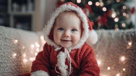 A cute baby in a red Santa outfit smiles happily while sitting on a soft couch. The background is filled with twinkling lights and Christmas decorations, creating a warm atmosphere.の素材