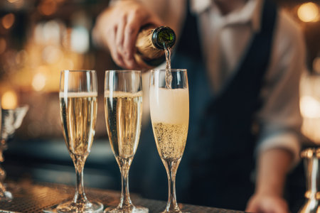 A bartender carefully pours a sparkling beverage into a tall glass. The setting is an upscale bar with a warm ambiance. The scene captures the excitement of an evening out.の素材