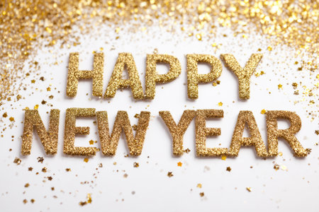 Golden letters spell out happy new year, creating a festive mood with shiny confetti and glitter scattered around. This scene evokes celebration and joy for the new beginning.の素材