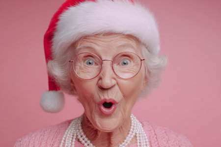 An elderly woman with silver hair wears a bright red Christmas hat and pearls. She expresses excitement and joy with wide eyes and an open mouth, celebrating the holiday spirit.の素材
