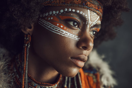 A young woman poses confidently with intricate face paint and vibrant clothing that reflects her cultural roots. Her expression is strong yet serene, highlighting beauty and tradition.の素材
