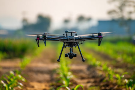 A drone hovers above a vibrant cornfield, capturing high-quality footage of the crops. Bright sunlight illuminates the scene, showcasing the greenery below. The farm is peaceful and expansive.の素材