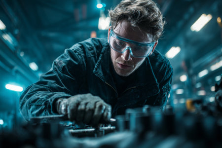A focused technician inspects components on a machine in a spacious workshop. The scene is illuminated by bright lights, showcasing the intricate details of the equipment.の素材