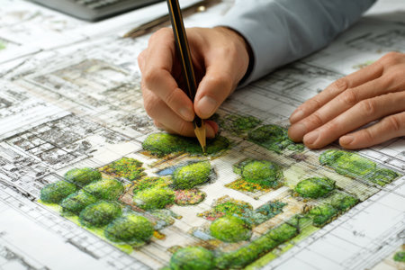 A person is focusing on creating a colorful landscape design on a blueprint. The workspace is organized with various tools nearby. It is daytime, showing detailed garden elements.の素材