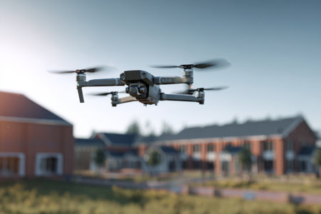 A drone hovers above a suburban neighborhood at sunset, revealing modern homes with well-kept laws. The sky is bright, highlighting the peaceful setting with soft natural light.の素材