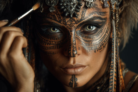 A person displays detailed tribal face paint while applying more with a brush. The setting focuses on artistic expression, blending tradition and creativity.の素材