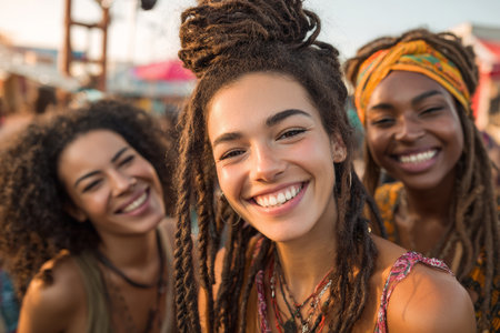 Three women with diverse hairstyles are smiling brightly at a lively festival. Colorful decorations and festive atmosphere create a joyful mood as the sun sets.の素材