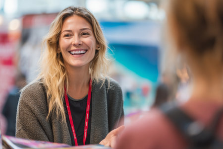 A joyful woman with wavy hair smiles warmly while interacting with a guest at a bustling event. She is wearing a dark sweater and a name badge, creating a welcoming atmosphere.の素材
