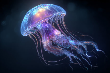 This scene features a jellyfish gliding through dark water, illuminated by vibrant bioluminescent colors. The jellyfishs tentacles elegantly sway, creating a mesmerizing visual effect.の素材