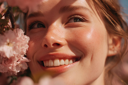 A woman with radiant skin smiles gently as she is surrounded by vibrant cherry blossoms. The soft sunlight highlights her natural beauty and joyful expression in springtime.の素材