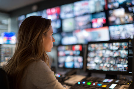 A woman sits focused in a control room filled with numerous screens showing live news feeds. The atmosphere is intense and busy as she monitors the situation closely.の素材
