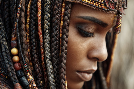 A woman stands quietly, her braided hair adorned with beads and decorative elements. The natural light highlights her thoughtful expression as she connects with her cultural background.の素材