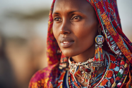 A woman adorned in vibrant traditional clothing stands against a backdrop of a glowing sunset, showcasing her elaborate jewelry and cultural pride. The scene captures her grace and beauty.の素材