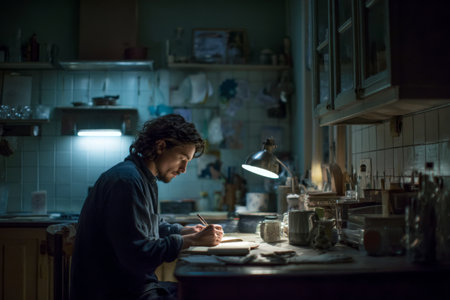 A young man is seated at a wooden table in a dimly lit kitchen. He is focused on writing in a notebook, surrounded by jars and kitchen tools. The warm light from a desk lamp enhances the atmosphere.の素材