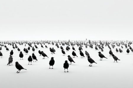 A large group of black birds stands together on a white surface. The scene captures the quiet stillness of early morning with fog creating a serene atmosphere.の素材