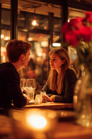 Two people sit at a candlelit table in a warm and inviting restaurant, engaged in deep conversation.の素材