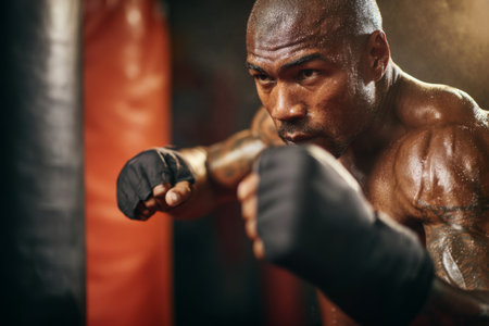 A focused fighter is training intensely in a gym, delivering powerful punches while surrounded by heavy bags. The atmosphere is energized and dynamic with soft lighting.の素材
