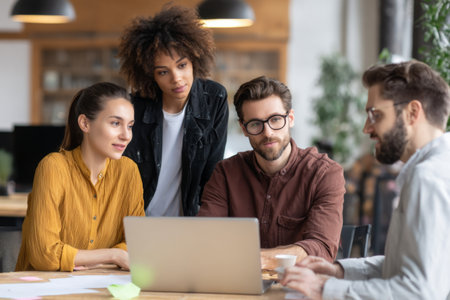 Four young colleagues gather around a laptop in a bright office. They discuss ideas and review information, showcasing teamwork and creativity in their work environment.の素材