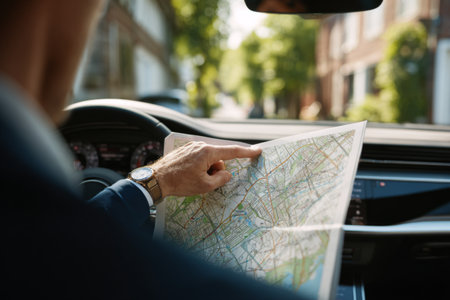 A person is sitting in a car, holding a paper map. They are focused on the details, pointing at locations while surrounded by trees and buildings. Sunlight filters through the windows.の素材