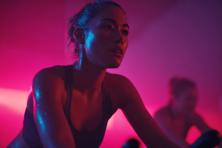 In a dimly lit fitness studio, a young woman sweats as she engages in an intense workout. Colorful lights create an energetic atmosphere for the class.の素材