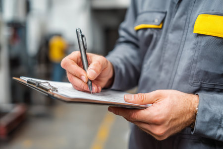 A factory worker is focused on filling out a safety checklist on a clipboard in a busy industrial environment. Tools and machinery can be seen in the background.の素材