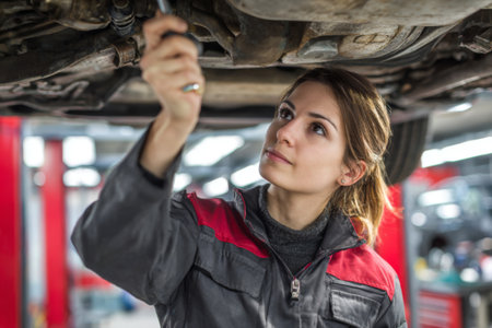 A young woman is working under a car in a garage. She is using a tool to inspect the vehicles components. The scene is bright and showcases her focused expression.の素材