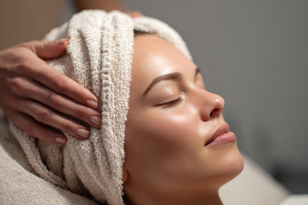 A woman enjoys a calming spa experience as a therapist provides a gentle facial massage. The serene highlights relaxation and self-care.の素材