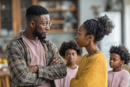 A father and daughter engage in a serious conversation in a modern kitchen. Their expressions show concern and seriousness, while two younger siblings look on, observing the interaction.の素材