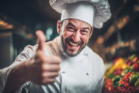 A cheerful chef stands in a busy kitchen surrounded by an array of fresh vegetables. He gives a thumbs up, showcasing his enthusiasm for cooking and fresh ingredients.の素材