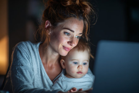 A mother holds her baby in her arms while sitting in a dimly lit room at home. They share a calm moment as they explore a laptop screen together, creating a warm atmosphere.の素材