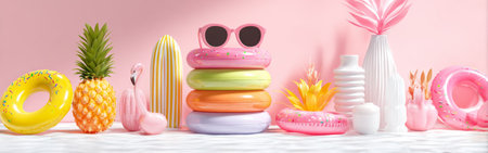 A vibrant display featuring inflatable rings stacked with a pair of sunglasses, a pineapple, and playful decor on a light background, capturing a cheerful summer vibe.の素材