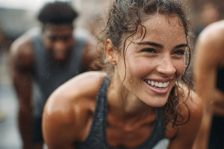 A woman with curly hair is smiling broadly during a group workout in an urban environment, despite the rain. The lively atmosphere shows fitness and joy among friends.の素材