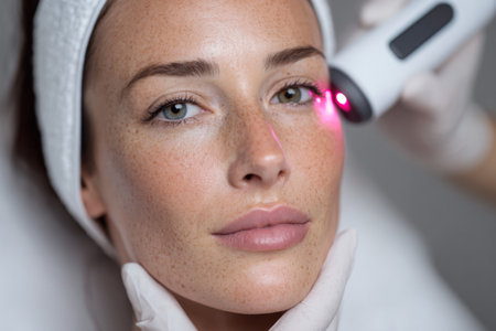 A woman receives a skincare treatment in a beauty salon. A technician uses advanced equipment on her face to enhance her skin. The setting is clean and well-lit, focusing on skincare.の素材