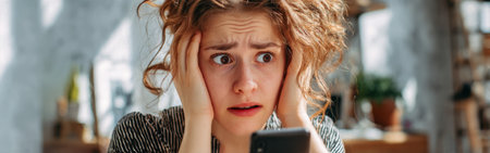 A young woman with curly hair appears anxious as she checks her phone in a bright and modern indoor setting decoratedの素材