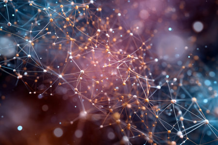 This artwork features an intricate network of nodes connected by lines, creating a dynamic and vibrant digital representation. Glowing elements in various colors enhance the visual impact.の素材