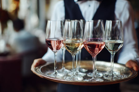 A waiter in formal attire carries a silver tray filled with various wine glasses, showing an array of colors. The setting is a sophisticated restaurant, bustling with diners in the background.の素材