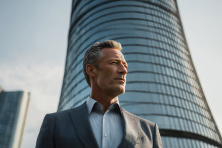 A well-dressed man gazes thoughtfully at the horizon in an urban setting. The sleek, modern skyscraper towers behind him at sunset, casting a warm glow.の素材