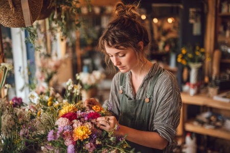 A young woman styles with long hair flowers in a charming shop filled with natural light. She carefully selects blooms, highlighting her skill in floral design.の素材