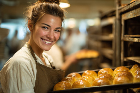 A young woman holds a tray of golden-brown bread rolls in a busy bakery kitchen. She wears a brown apron and smiles brightly, surrounded by bakers at work preparing more treats.の素材