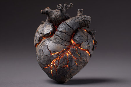 A creative sculpture showcases a heart formed from volcanic rock, featuring cracks and glowing veins.の素材
